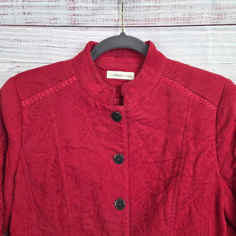 Coldwater Creek Red Floral Embroider Blazer 10 Casual Chic Asian Inspired Jacket - Picture 5 of 15